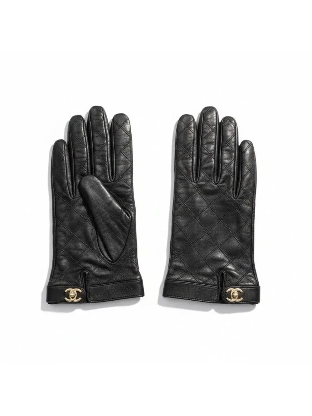 Chanel G1 Quilted Leather Gloves Turnlock CC Logo 8 Black Lambskin